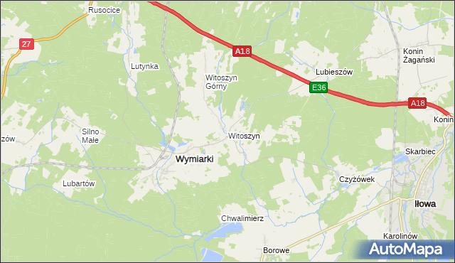 mapa Witoszyn gmina Wymiarki, Witoszyn gmina Wymiarki na mapie Targeo