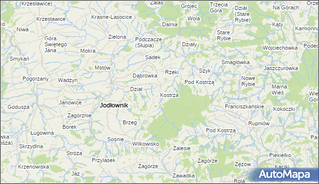 mapa Kostrza gmina Jodłownik, Kostrza gmina Jodłownik na mapie Targeo