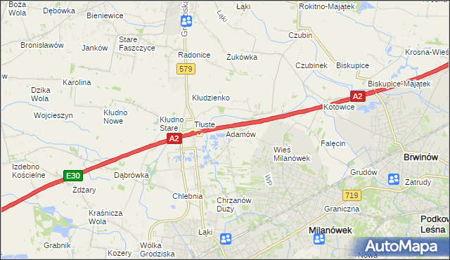 mapa Adamów gmina Grodzisk Mazowiecki, Adamów gmina Grodzisk Mazowiecki na mapie Targeo