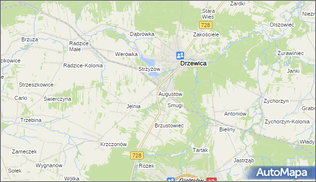 mapa Augustów gmina Drzewica, Augustów gmina Drzewica na mapie Targeo