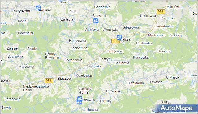 mapa Baczyn gmina Budzów, Baczyn gmina Budzów na mapie Targeo