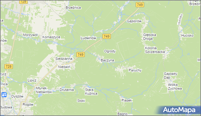 mapa Baczyna gmina Końskie, Baczyna gmina Końskie na mapie Targeo