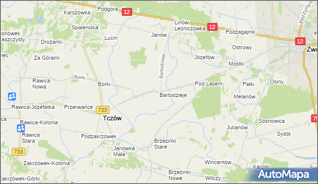 mapa Bartodzieje gmina Tczów, Bartodzieje gmina Tczów na mapie Targeo