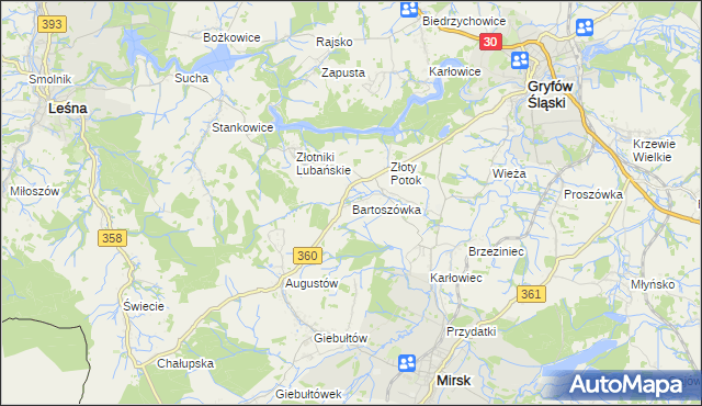 mapa Bartoszówka gmina Leśna, Bartoszówka gmina Leśna na mapie Targeo