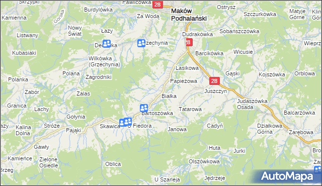 mapa Białka gmina Maków Podhalański, Białka gmina Maków Podhalański na mapie Targeo