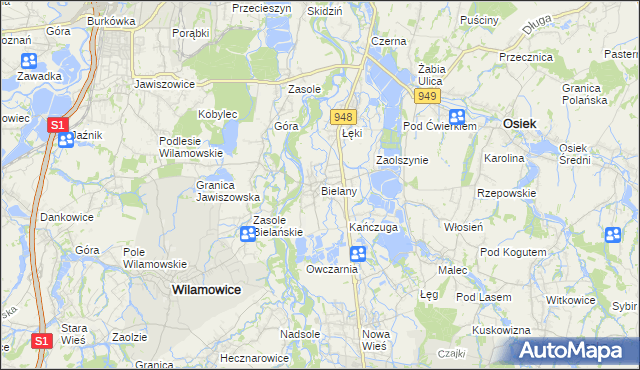 mapa Bielany gmina Kęty, Bielany gmina Kęty na mapie Targeo