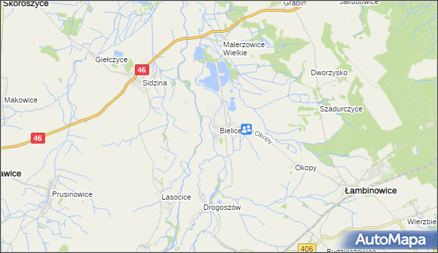 mapa Bielice gmina Łambinowice, Bielice gmina Łambinowice na mapie Targeo