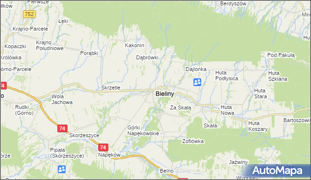 mapa Bieliny powiat kielecki, Bieliny powiat kielecki na mapie Targeo