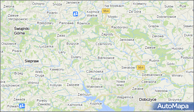 mapa Bieńkowice gmina Dobczyce, Bieńkowice gmina Dobczyce na mapie Targeo