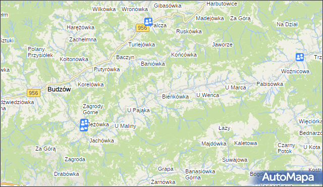 mapa Bieńkówka gmina Budzów, Bieńkówka gmina Budzów na mapie Targeo