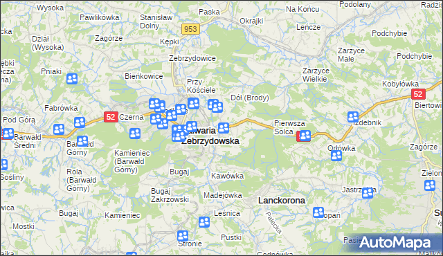 mapa Brody gmina Kalwaria Zebrzydowska, Brody gmina Kalwaria Zebrzydowska na mapie Targeo