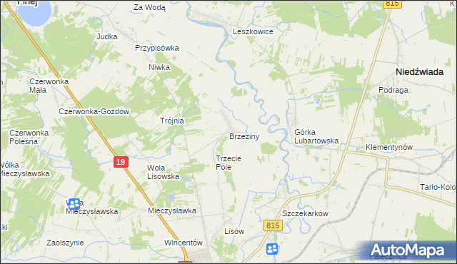 mapa Brzeziny gmina Lubartów, Brzeziny gmina Lubartów na mapie Targeo