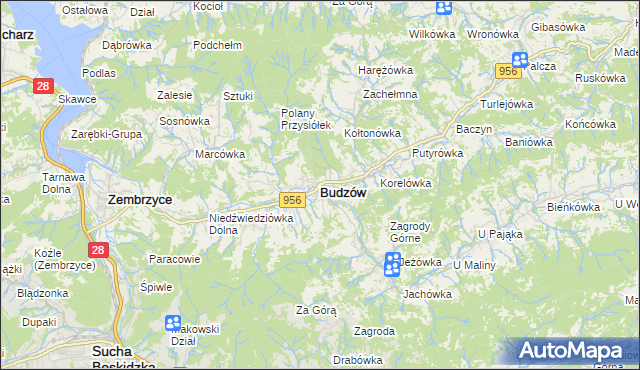 mapa Budzów powiat suski, Budzów powiat suski na mapie Targeo