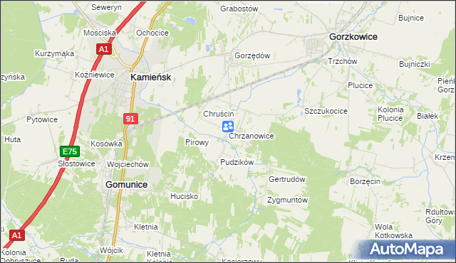 mapa Chrzanowice gmina Gomunice, Chrzanowice gmina Gomunice na mapie Targeo