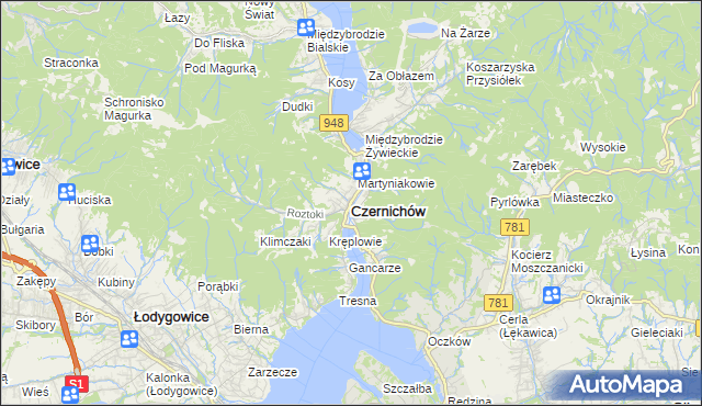 mapa Czernichów powiat żywiecki, Czernichów powiat żywiecki na mapie Targeo