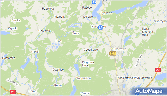 mapa Częstkowo gmina Kościerzyna, Częstkowo gmina Kościerzyna na mapie Targeo