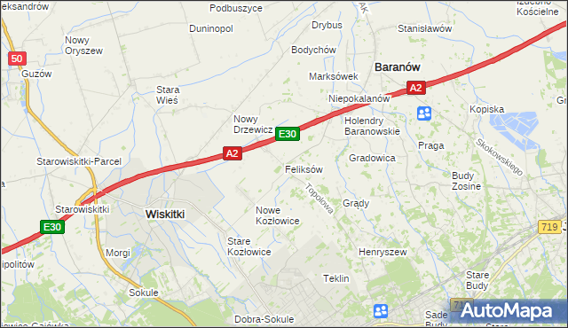 mapa Feliksów gmina Wiskitki, Feliksów gmina Wiskitki na mapie Targeo