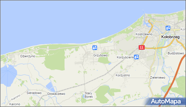 mapa Grzybowo gmina Kołobrzeg, Grzybowo gmina Kołobrzeg na mapie Targeo