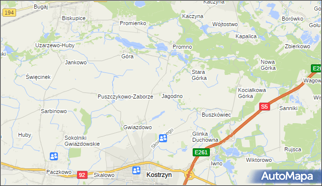 mapa Jagodno gmina Kostrzyn, Jagodno gmina Kostrzyn na mapie Targeo