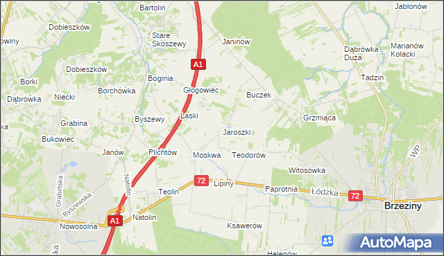 mapa Jaroszki gmina Brzeziny, Jaroszki gmina Brzeziny na mapie Targeo