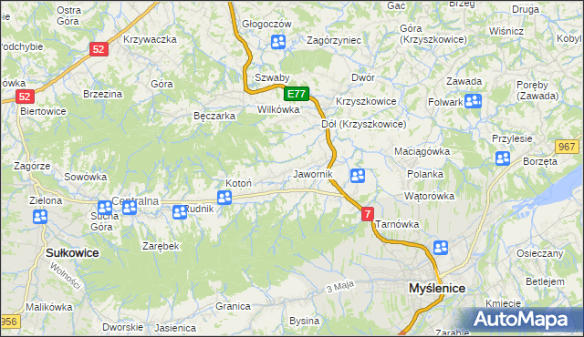 mapa Jawornik gmina Myślenice, Jawornik gmina Myślenice na mapie Targeo