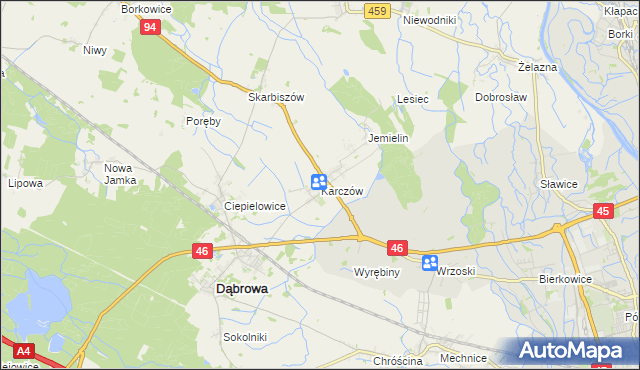 mapa Karczów gmina Dąbrowa, Karczów gmina Dąbrowa na mapie Targeo