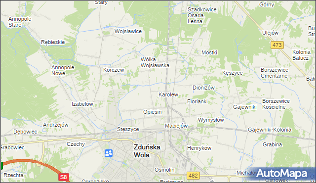 mapa Karolew gmina Zduńska Wola, Karolew gmina Zduńska Wola na mapie Targeo