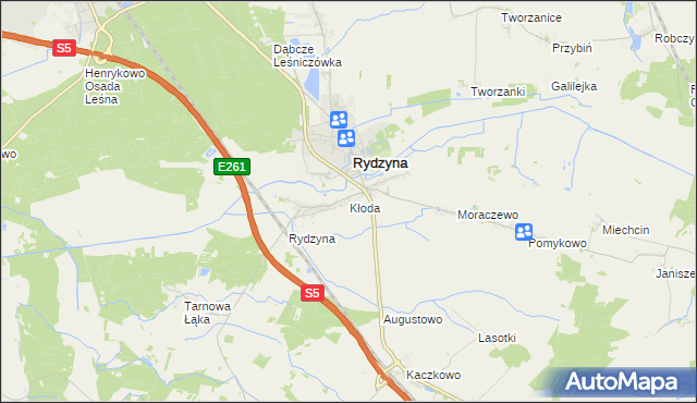 mapa Kłoda gmina Rydzyna, Kłoda gmina Rydzyna na mapie Targeo