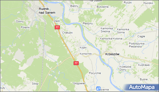 mapa Kopki gmina Rudnik nad Sanem, Kopki gmina Rudnik nad Sanem na mapie Targeo