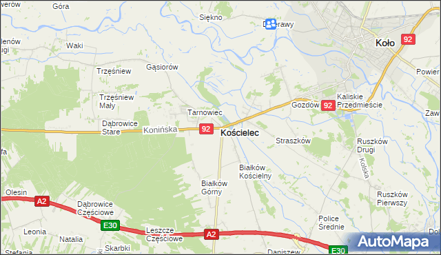 mapa Kościelec powiat kolski, Kościelec powiat kolski na mapie Targeo