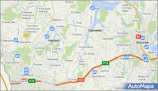 mapa Kostkowice gmina Dębowiec, Kostkowice gmina Dębowiec na mapie Targeo