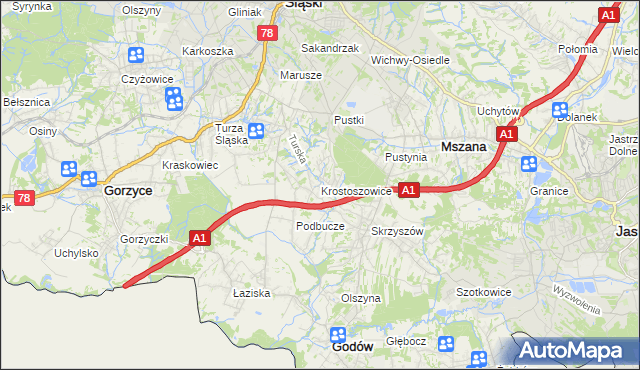 mapa Krostoszowice, Krostoszowice na mapie Targeo