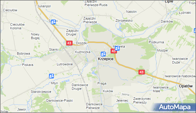 mapa Krzepice powiat kłobucki, Krzepice powiat kłobucki na mapie Targeo