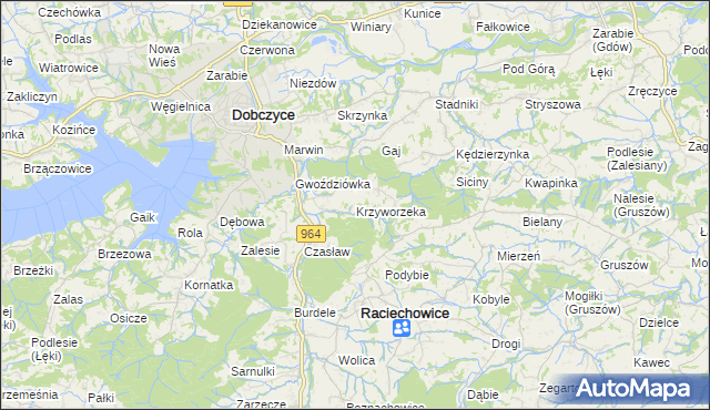 mapa Krzyworzeka gmina Raciechowice, Krzyworzeka gmina Raciechowice na mapie Targeo