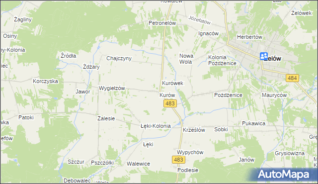 mapa Kurów gmina Zelów, Kurów gmina Zelów na mapie Targeo