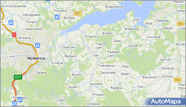 mapa Łęki gmina Myślenice, Łęki gmina Myślenice na mapie Targeo