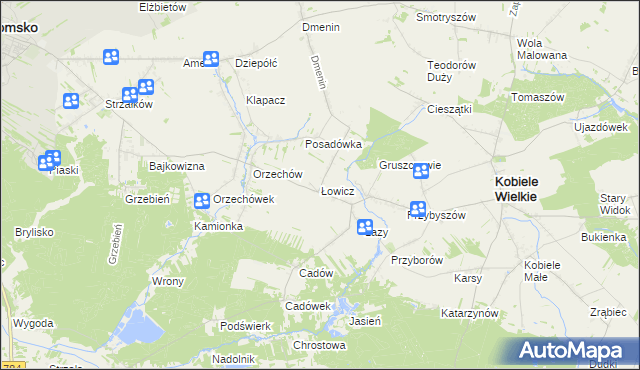 mapa Łowicz gmina Kobiele Wielkie, Łowicz gmina Kobiele Wielkie na mapie Targeo