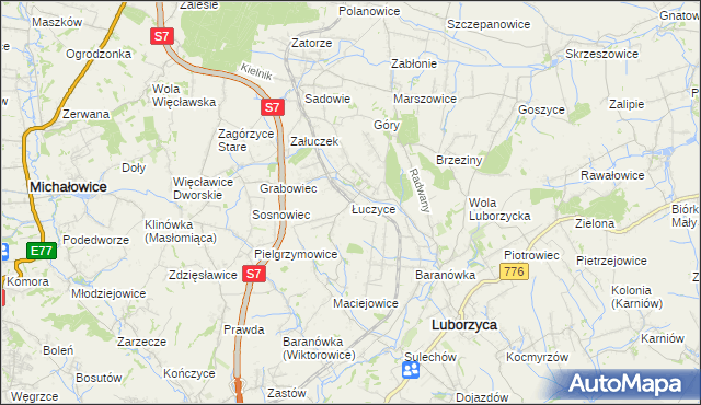 mapa Łuczyce gmina Kocmyrzów-Luborzyca, Łuczyce gmina Kocmyrzów-Luborzyca na mapie Targeo