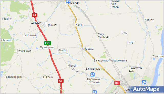 mapa Miłobądz gmina Tczew, Miłobądz gmina Tczew na mapie Targeo