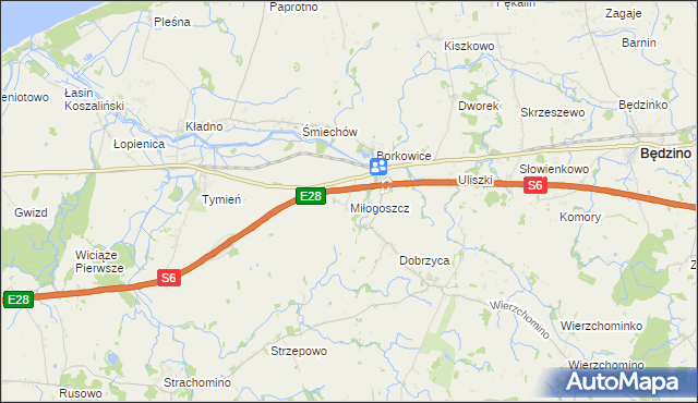 mapa Miłogoszcz gmina Będzino, Miłogoszcz gmina Będzino na mapie Targeo