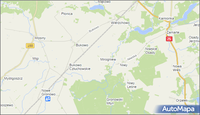 mapa Mirogniew gmina Człuchów, Mirogniew gmina Człuchów na mapie Targeo