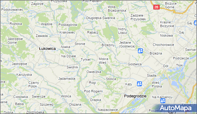 mapa Mokra Wieś gmina Podegrodzie, Mokra Wieś gmina Podegrodzie na mapie Targeo