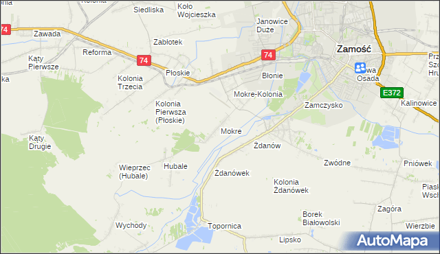 mapa Mokre gmina Zamość, Mokre gmina Zamość na mapie Targeo