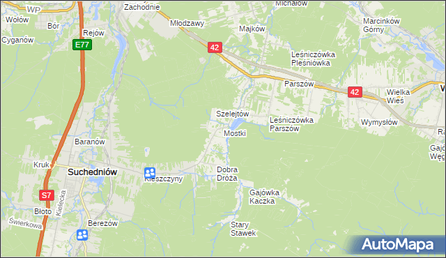 mapa Mostki gmina Suchedniów, Mostki gmina Suchedniów na mapie Targeo