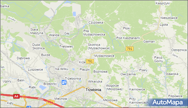 mapa Myślachowice, Myślachowice na mapie Targeo