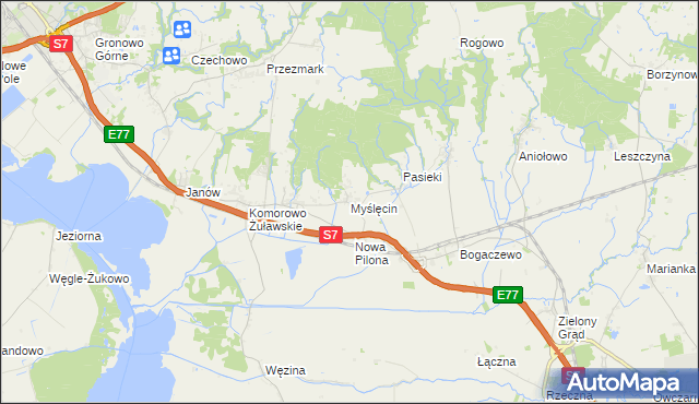 mapa Myślęcin gmina Elbląg, Myślęcin gmina Elbląg na mapie Targeo