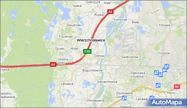 mapa Ostrów gmina Wierzchosławice, Ostrów gmina Wierzchosławice na mapie Targeo