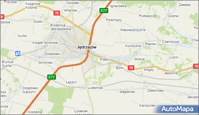 mapa Piaski gmina Jędrzejów, Piaski gmina Jędrzejów na mapie Targeo