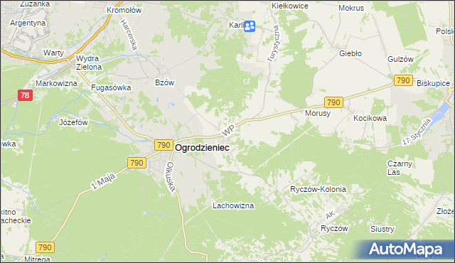 mapa Podzamcze gmina Ogrodzieniec, Podzamcze gmina Ogrodzieniec na mapie Targeo