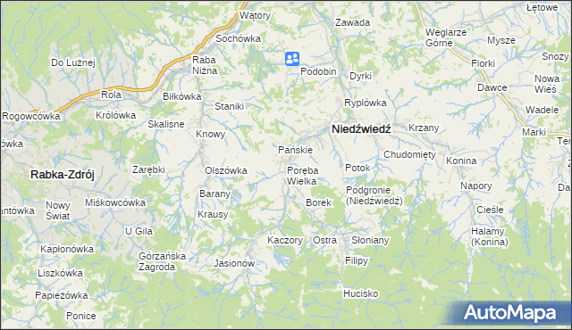 mapa Poręba Wielka gmina Niedźwiedź, Poręba Wielka gmina Niedźwiedź na mapie Targeo